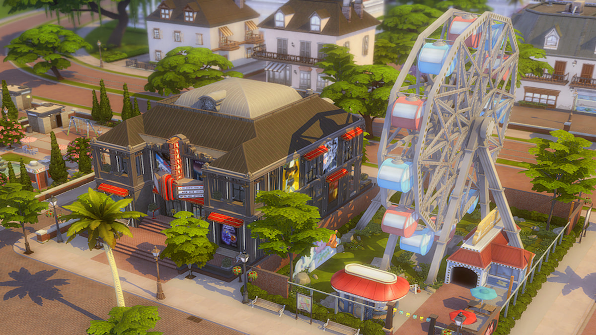 Theater and Ferris wheel lot from ratboysims save file in Sims 4