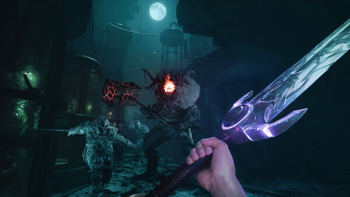 Player swinging a sword toward monsters in a level of Sker Ritual