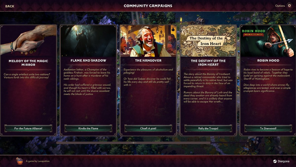 The campaign selection screen showing five modded single-player campaign in Songs of Conquest.