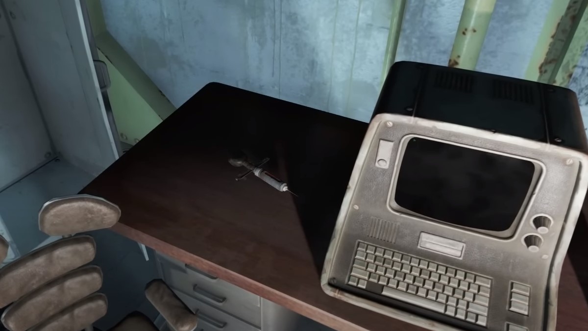 Uno stimpak appoggiato su una scrivania in Fallout.