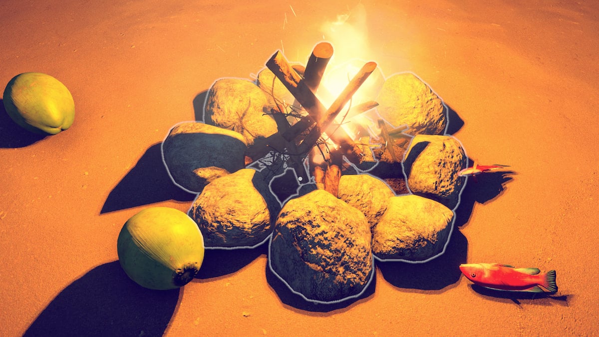 Campfire with stones and fish and coconuts next to it in Survival: Fountain of Youth
