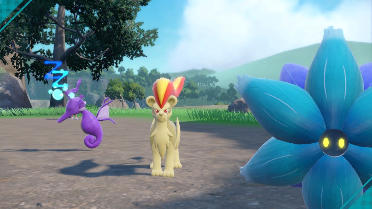 Shiny Glimmora, Pyroar, and Kingdra during a picnic in Pokemon Violet