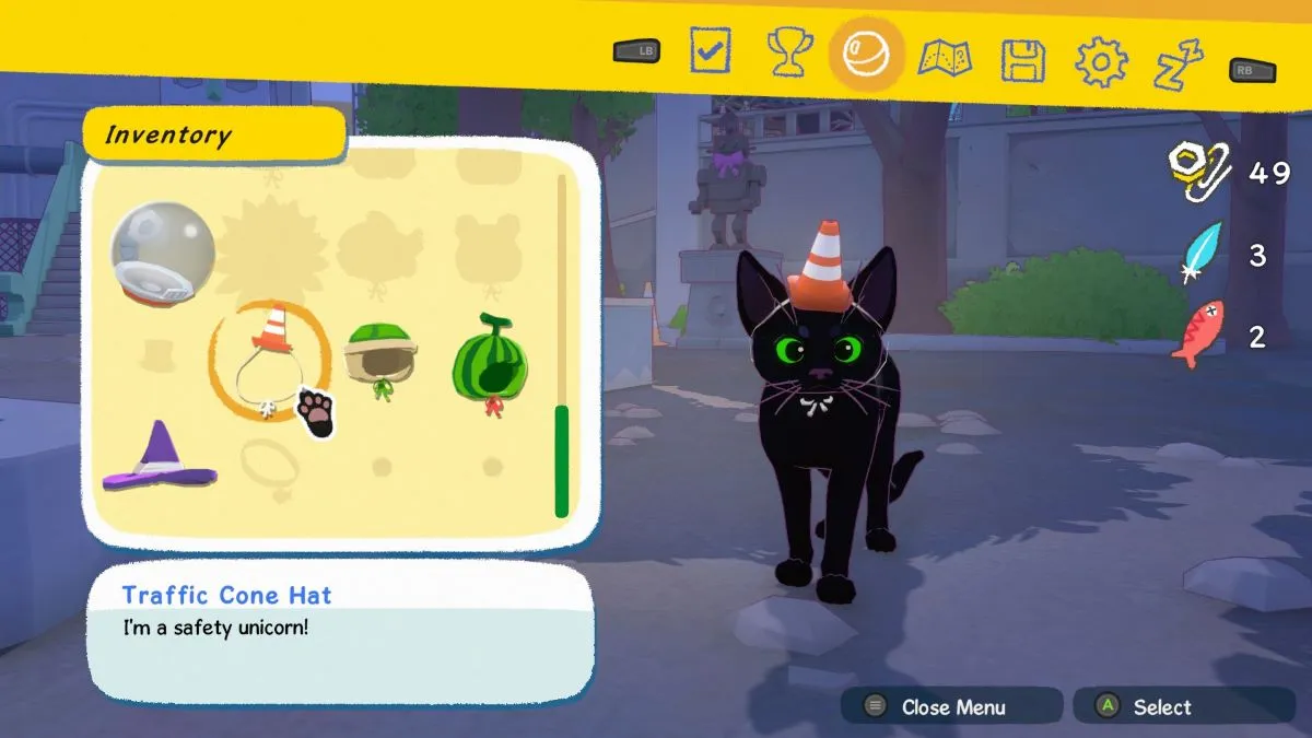 Kitty wearing the Traffic Cone hat in Little Kitty Big City