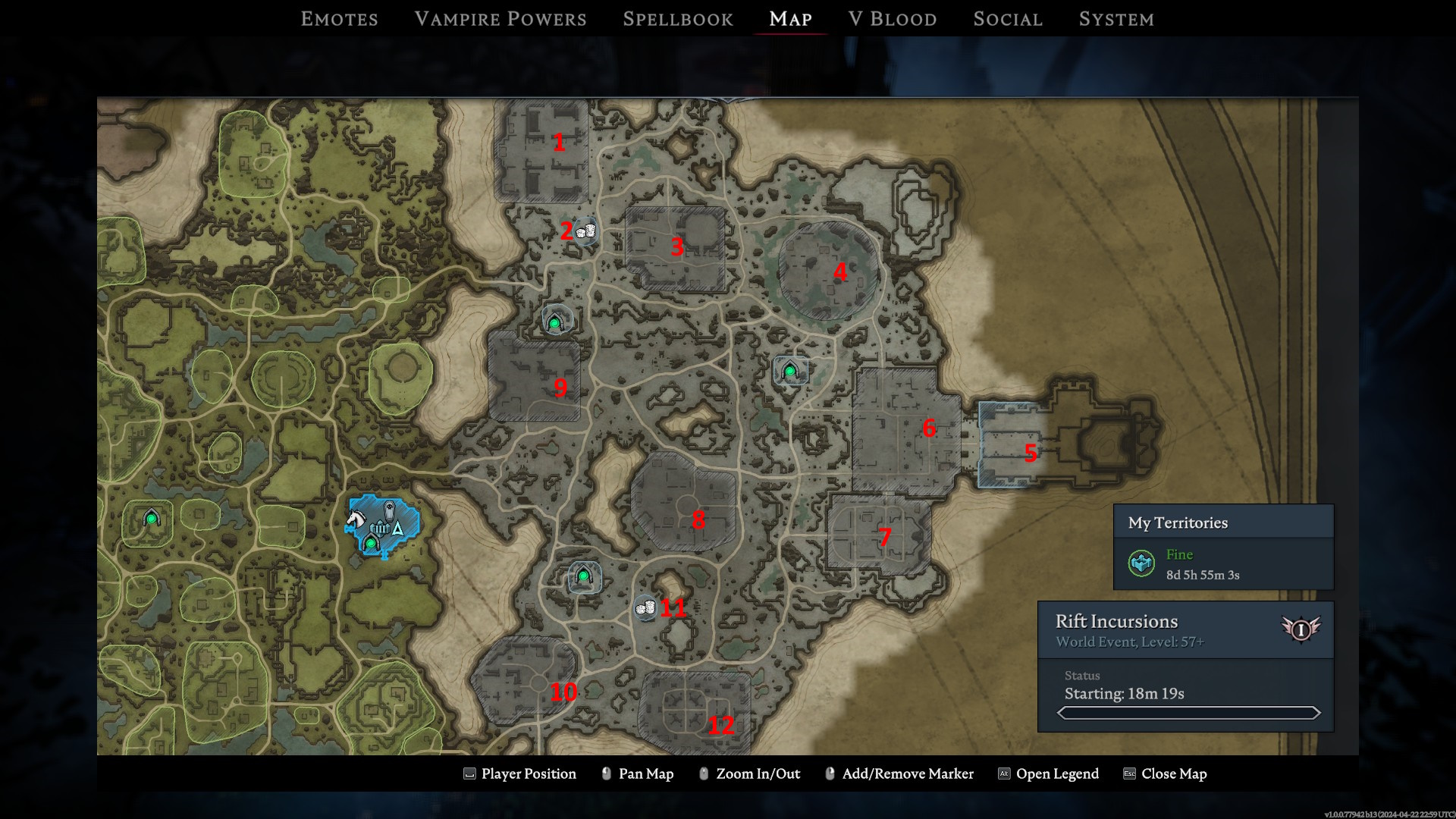 V Rising の Ruins of Mortium は、名前マーカー付きの場所をマップします。