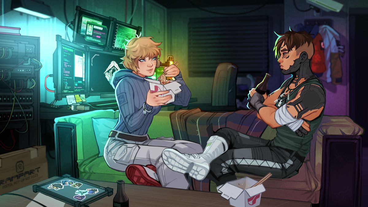 Wattson and Crypto eating takeout on a couch in Apex Legends