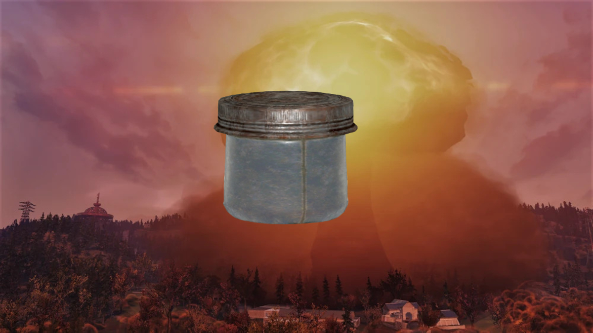 Inert flux overlaying an image of a nuke being detonated in Fallout 76.