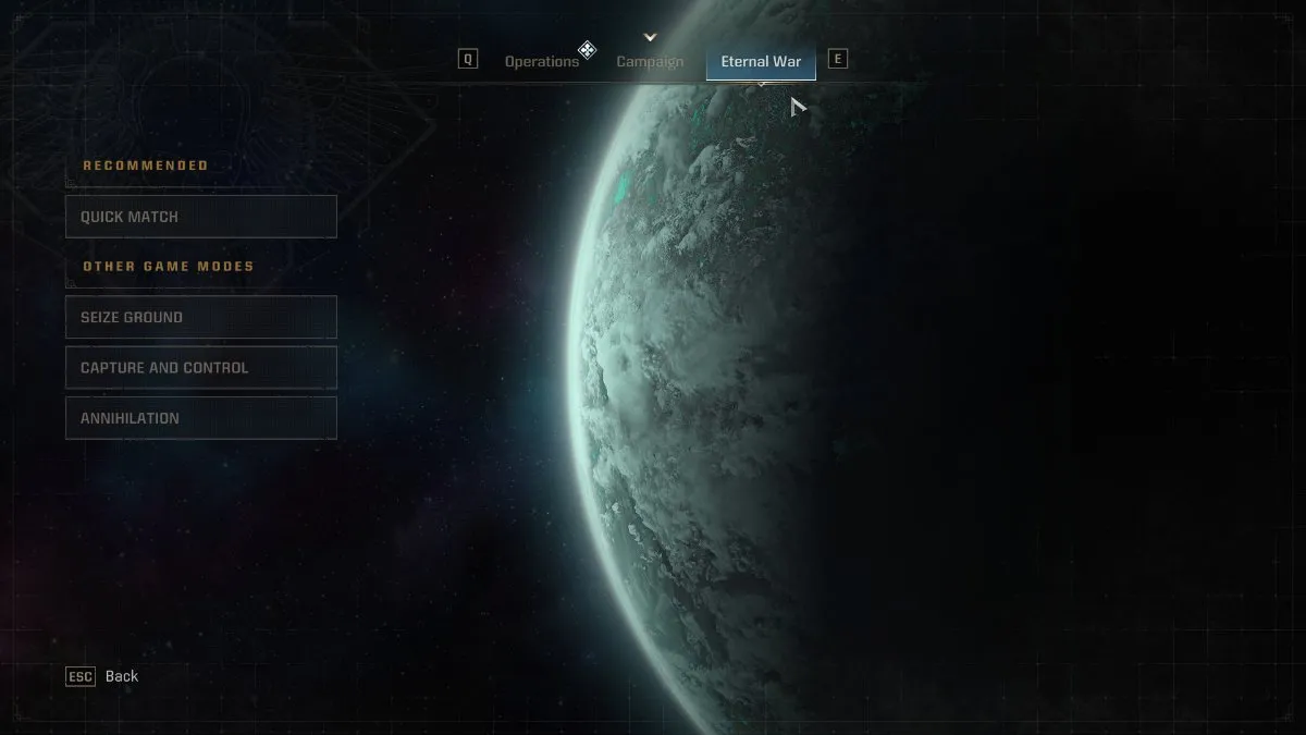 PvP multiplayer options in Warhammer 40K Space Marine 2 with a a planet in the background, surrounded by open space.