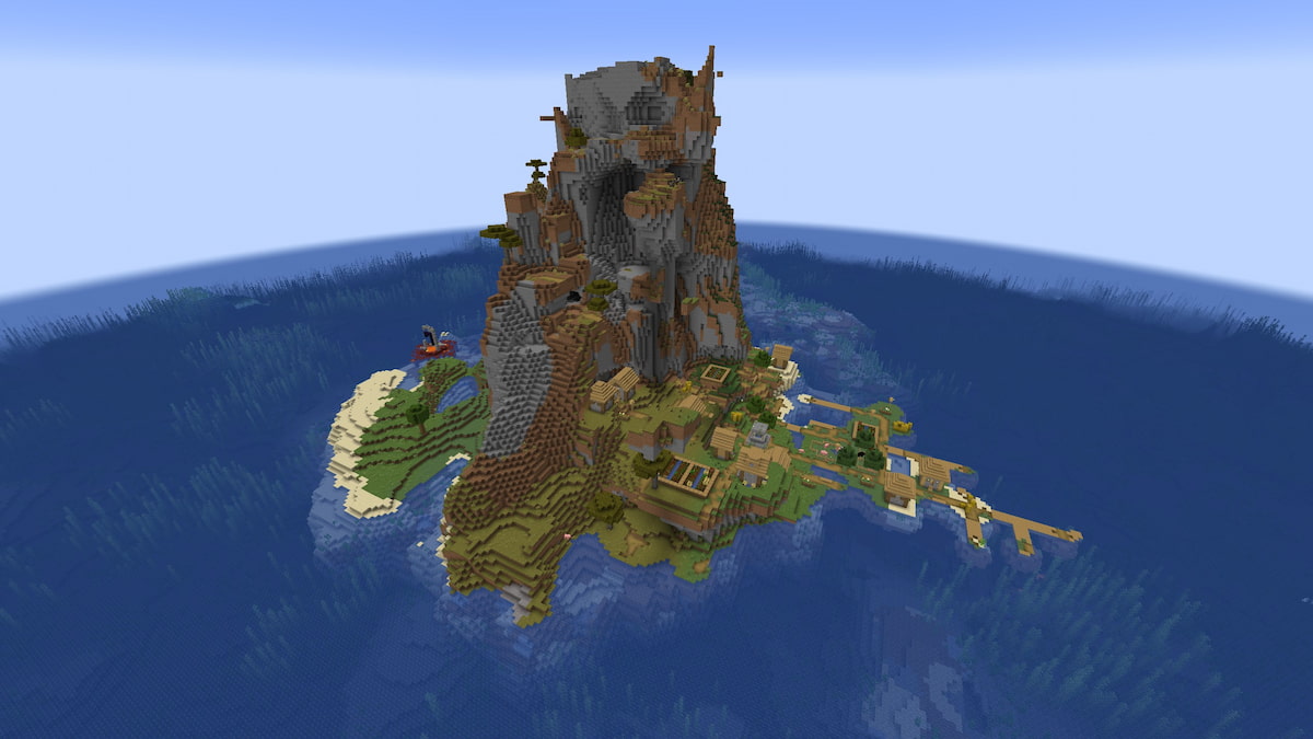 A Windswept Savanna island with a Plains Village and a ruined Nether portal in Minecraft