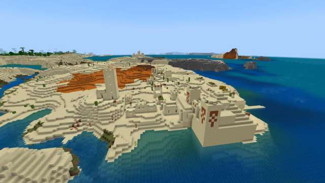 A Minecraft Desert Village next to a tall Desert Temple with a second Desert Village in the background
