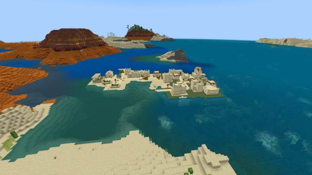 A Desert Village floating away from the main continent in Minecraft