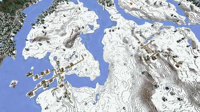 A large Snowy Plains biome with five Snowy Villages in Minecraft