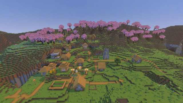 A Minecraft Plains Village and a ruined Nether portal next to a Cherry Grove