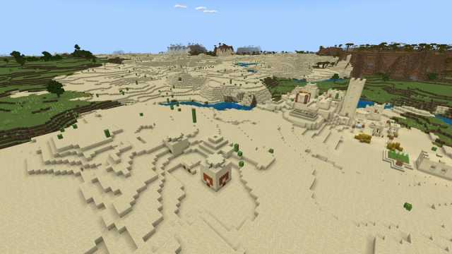 A Minecraft Desert with a Desert Temple and a Desert Village