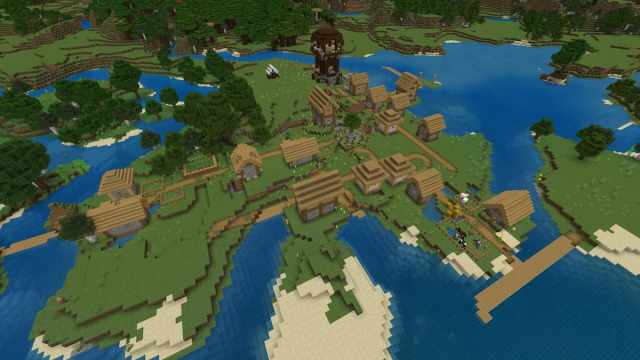 A Minecraft Plains Village on the coast with a Pillager Outpost