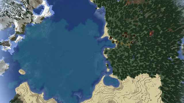 A Taiga Village next to a sea, a Desert, and a Minecraft snowy biome