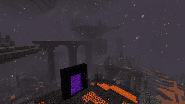A Minecraft Nether Portal across a Basalt Delta from a Nether Fortress