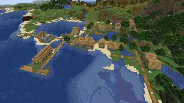 A Minecraft Plains Village with a Blacksmith by a ruined Nether portal and a shipwreck