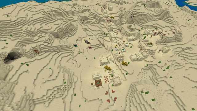 A Minecraft Desert with a Desert Village, a Desert Temple, a ruined Nether portal, and a Pillager Outpost