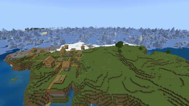 A Plains Village at the edge of an island on a Minecraft Frozen Ocean