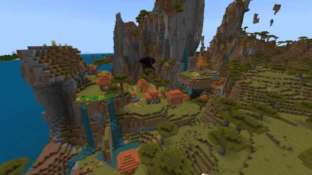 A Minecraft Savanna Village colliding with a Windswept Savanna biome