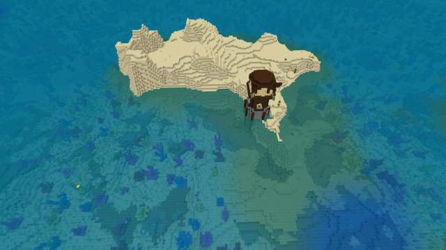 A tall Pillager Outpost partially on a Desert Island and partially in a Minecraft Coral Reef biome