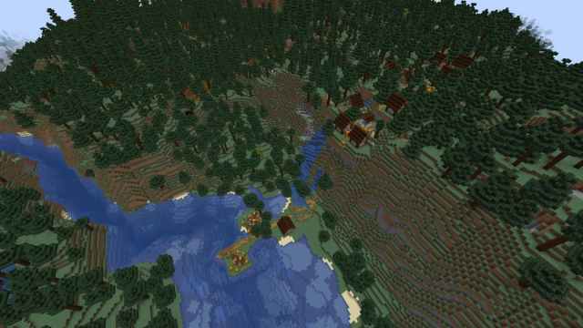 A Minecraft Taiga Village cascading over a hill