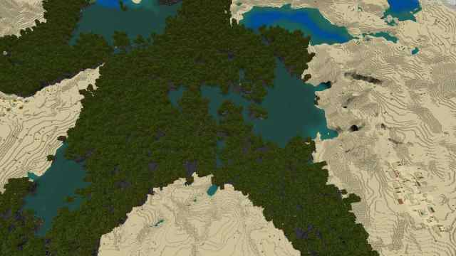 A giant Mangrove Swamp in the middle of a Minecraft Desert with three Desert Villages