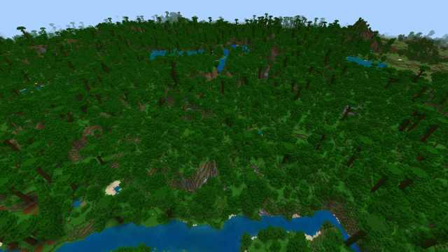 A large Minecraft jungle with three villages and two Jungle Temples
