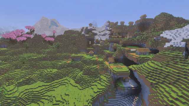 A Minecraft Village that starts in a cavern and ends at the top of a mountain