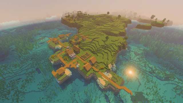 A Minecraft Plains Village with a Blacksmith on an island