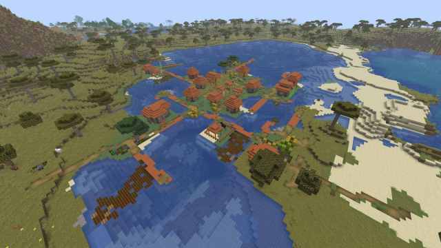 A Minecraft Savanna Village on top of a lake next to an ocean with a kelp forest