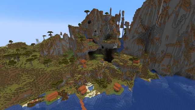 A Savanna Village scattered around a tall Windswept Savanna biome in Minecraft