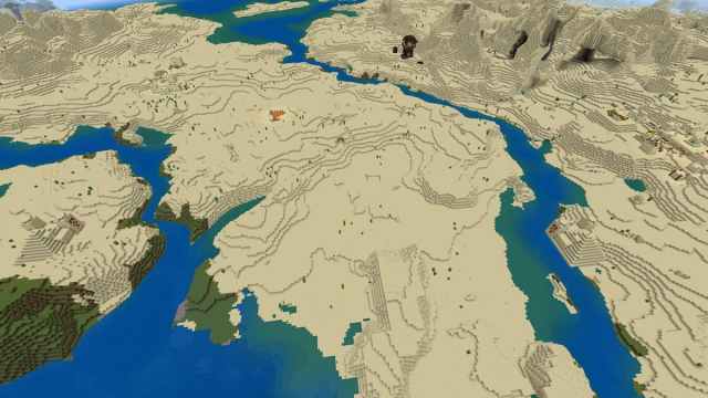 A Minecraft Desert with two Desert Temples, two Desert Villages, and a Pillager Outpost