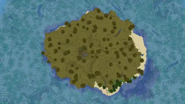 A small Savanna island with a cave and several Warm Ocean Ruins in Minecraft
