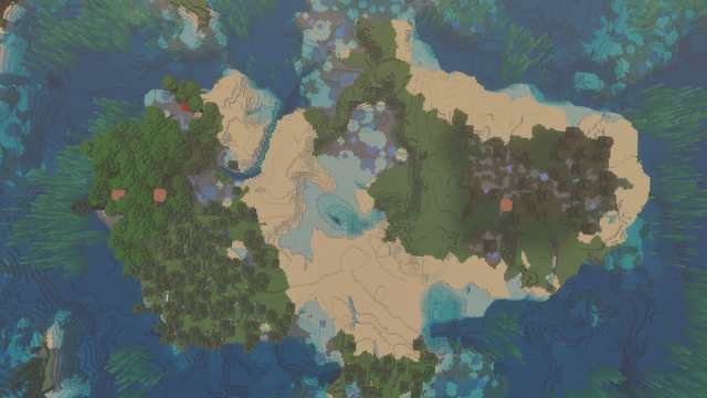 A Minecraft island with three different forests and an ocean filled with kelp
