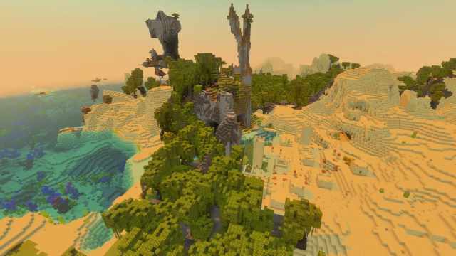 A Windswept Savanna biome with a Mangrove Swamp on the coast of a Desert in Minecraft