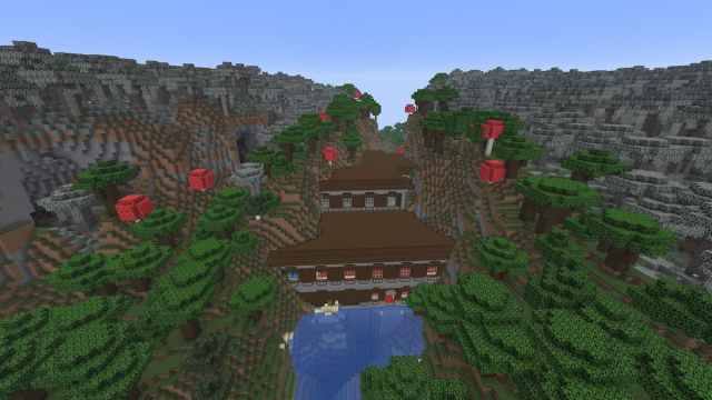 A Minecraft Woodland Mansion in a canyon between two Pale Garden biomes