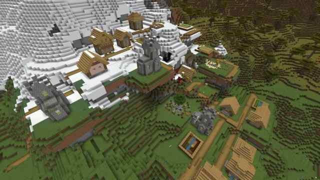 A ruined Nether portal in a small cave inside of a Minecraft Plains Village on a mountain