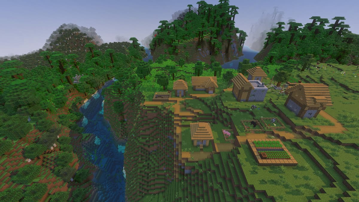 A Blacksmith Village next to a Jungle with a Jungle Temple in Minecraft