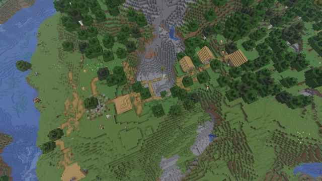 A Minecraft Plains Village with a cavern in its center