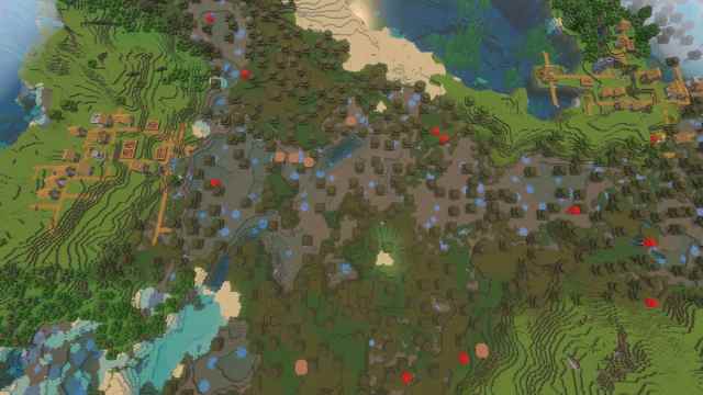 Two Minecraft Plains Villages on either side of a Swamp biome