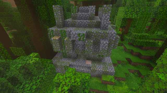 A Minecraft Jungle Temple with a Trail Ruins structure inside of it