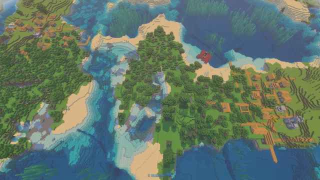 Two Minecraft Plains Villages next to a ruined Nether portal