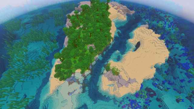 Two islands in a Warm Ocean with a Kelp Forest and a Coral Reef in Minecraft
