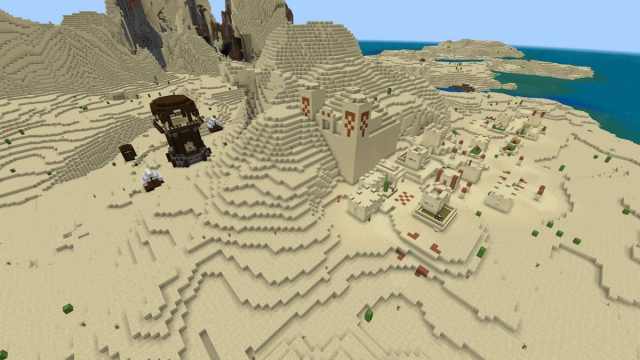 A tall Desert Temple next to a Desert Village and a Pillager Outpost in Minecraft