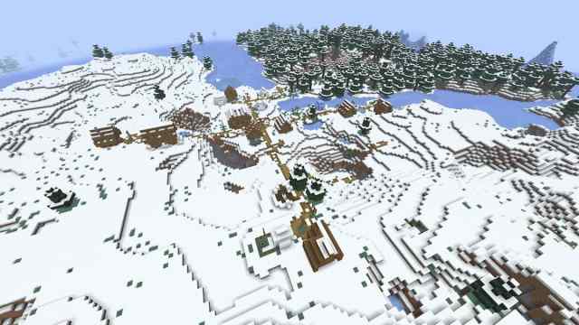 A large Minecraft Snowy Villages by a Frozen River biome and a Snowy Taiga