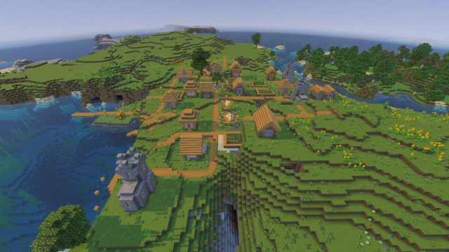 A large Plains Village with a ravine on a Sunflower Plains biome in Minecraft