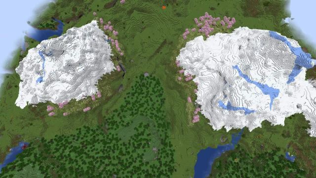 Two snowy mountains with Cherry Grove biomes above Ancient Cities in Minecraft