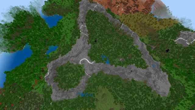 A zipper-shaped Stony Peaks biome surrounding a Forest biome with two Ancient Cities in Minecraft