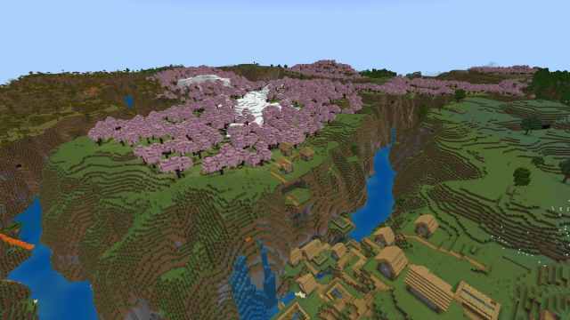 A long Cherry Grove biome with a Plains Village and a Savanna Village in Minecraft